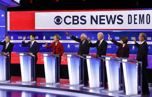 From left, Democratic presidential candidates, former New York City Mayor Mike Bloomberg, former South Bend Mayor Pete Buttigieg, Sen. Elizabeth Warren, D-Mass., Sen. Bernie Sanders, I-Vt., former Vice President Joe Biden, Sen. Amy Klobuchar, D-Minn., and businessman Tom Steyer, participate in a Democratic presidential primary debate at the Gaillard Center, Tuesday, Feb. 25, 2020, in Charleston, S.C., co-hosted by CBS News and the Congressional Black Caucus Institute. (AP Photo/Patrick Semansky)