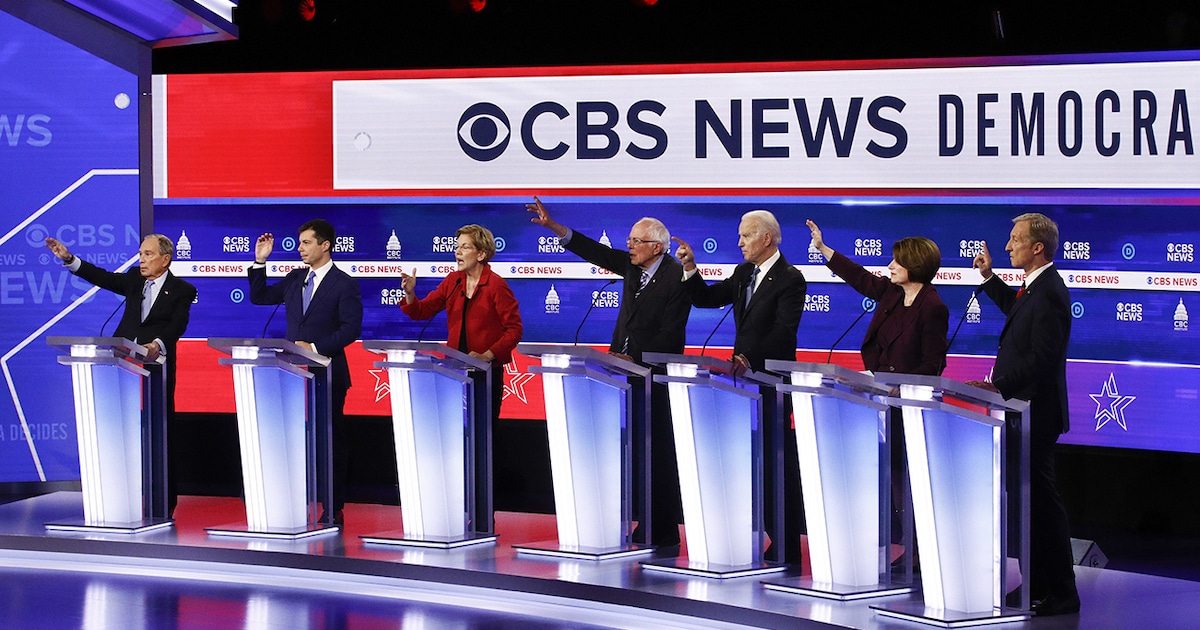 From left, Democratic presidential candidates, former New York City Mayor Mike Bloomberg, former South Bend Mayor Pete Buttigieg, Sen. Elizabeth Warren, D-Mass., Sen. Bernie Sanders, I-Vt., former Vice President Joe Biden, Sen. Amy Klobuchar, D-Minn., and businessman Tom Steyer, participate in a Democratic presidential primary debate at the Gaillard Center, Tuesday, Feb. 25, 2020, in Charleston, S.C., co-hosted by CBS News and the Congressional Black Caucus Institute. (AP Photo/Patrick Semansky)