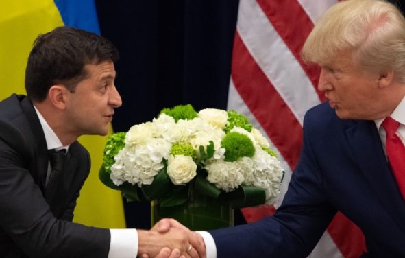 Ukraine's President Volodymyr Zelenskiy and U.S. President Donald Trump face reporters during a bilateral meeting on the sidelines of the 74th session of the United Nations General Assembly (UNGA) in New York City, New York, U.S., September 25, 2019. (Screenshot)