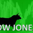 Graphic concept of the Dow Jones Industrial Average (^DJI) behind a black bull pointing to a green ascending chart symbolizing a bullish market. (Photo: AdobeStock)