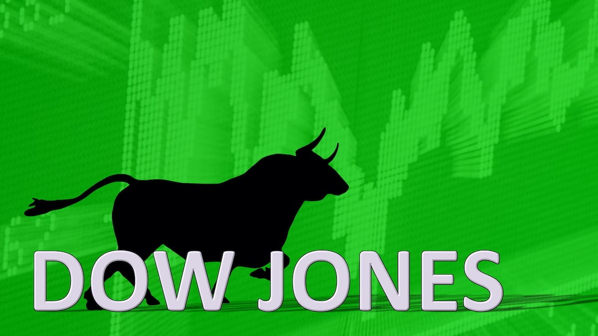 Graphic concept of the Dow Jones Industrial Average (^DJI) behind a black bull pointing to a green ascending chart symbolizing a bullish market. (Photo: AdobeStock)