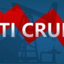 The price of WTI Crude oil is falling. A red zig-zag arrow with an oil well pumpjack behind the word WTI on a blue background shows downwards, symbolizing a price fall or drop of the commodity.