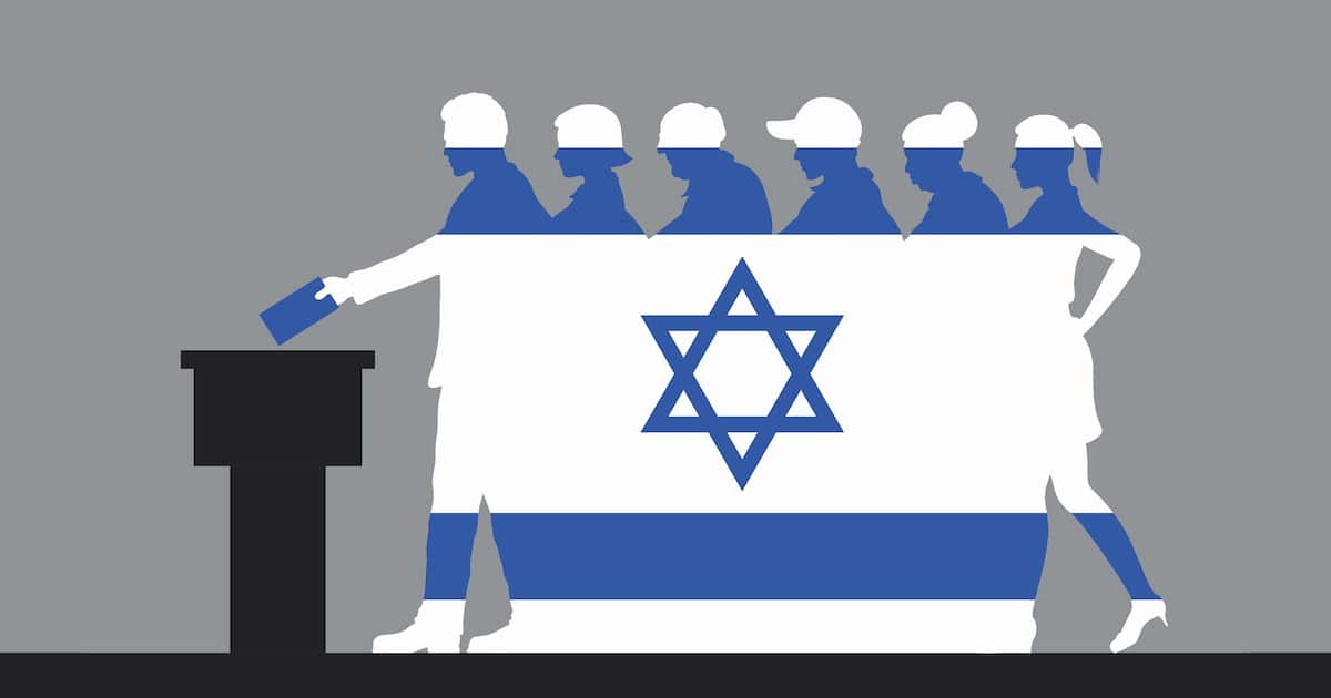 Graphic concept of Israeli voters in a line crowd silhouette behind an Israeli flag voting for an election. (Photo: AdobeStock)