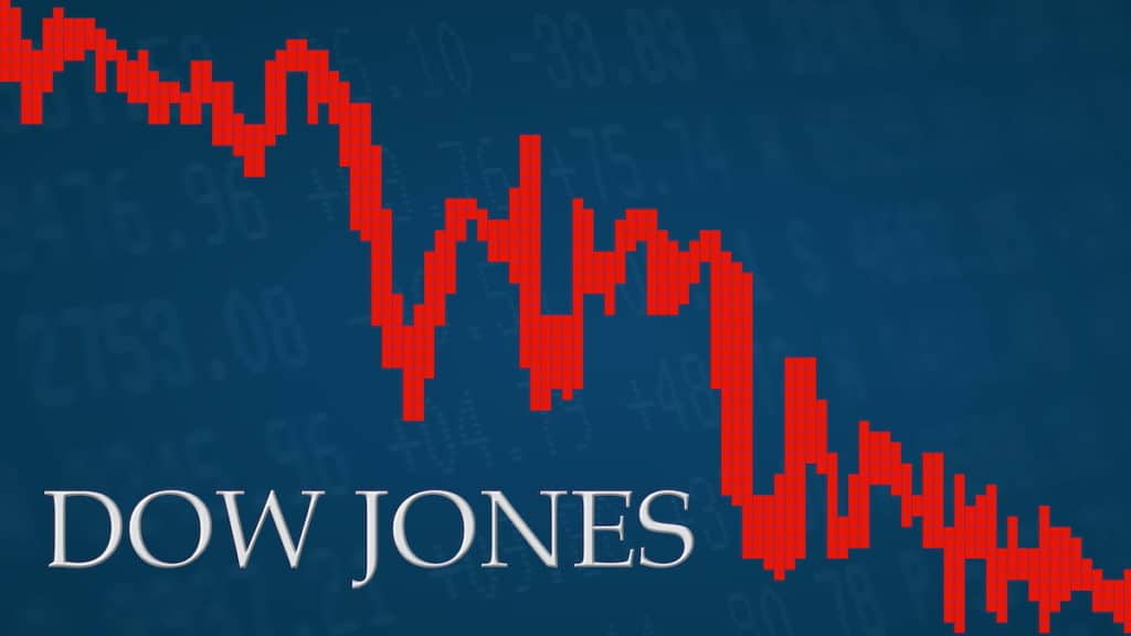 Graphic concept of the Dow Jones Industrial Average (^DJI) trading down in the red for losses. (Photo: AdobeStock)