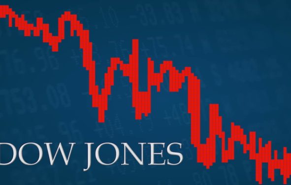Graphic concept of the Dow Jones Industrial Average (^DJI) trading down in the red for losses. (Photo: AdobeStock)