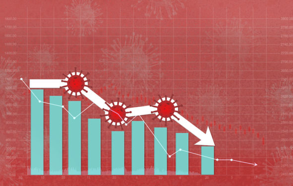 3D graphic concept illustrating the stock markets down on coronavirus fears, economy down with coronavirus 2019-nCov, pandemic virus, red price arrow down and falling on chart. (Photo: AdobeStock)