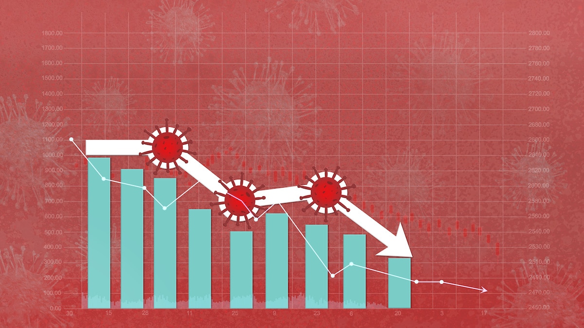 3D graphic concept illustrating the stock markets down on coronavirus fears, economy down with coronavirus 2019-nCov, pandemic virus, red price arrow down and falling on chart. (Photo: AdobeStock)