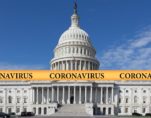 A graphic concept of the coronavirus on a yellow police tape against the backdrop of the Capitol Building in Washington DC. (Photo: AdobeStock)