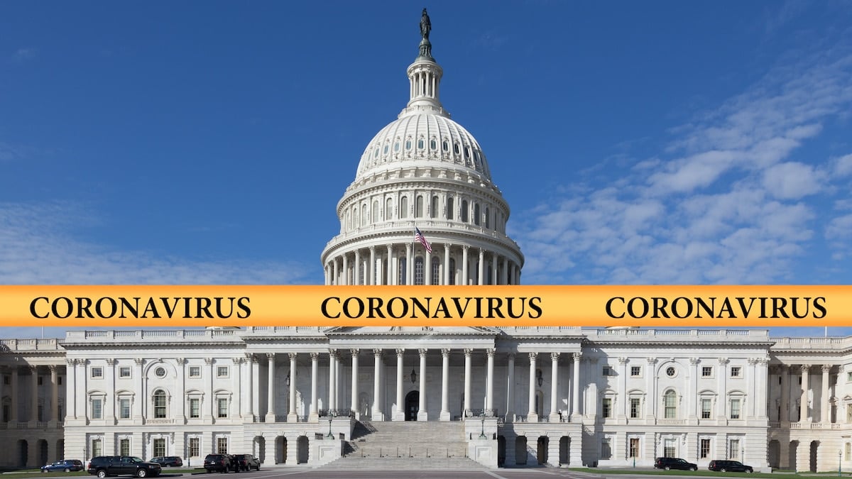 A graphic concept of the coronavirus on a yellow police tape against the backdrop of the Capitol Building in Washington DC. (Photo: AdobeStock)