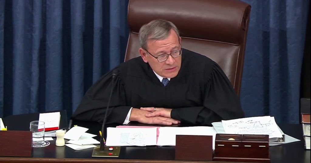 Chief Justice John Roberts presides over the impeachment trial of President Donald J. Trump. (Photo: Screenshot)