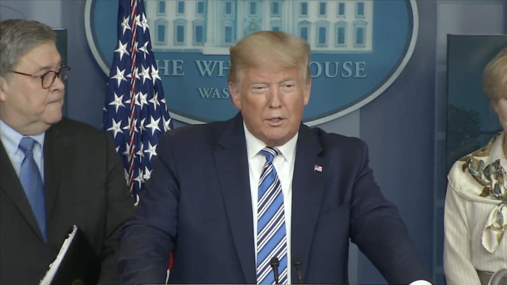 President Donald Trump and members of the Coronavirus Task Force, along with Attorney General William Barr, hold a press conference on March 23 2020. (Photo: People's Pundit Daily)