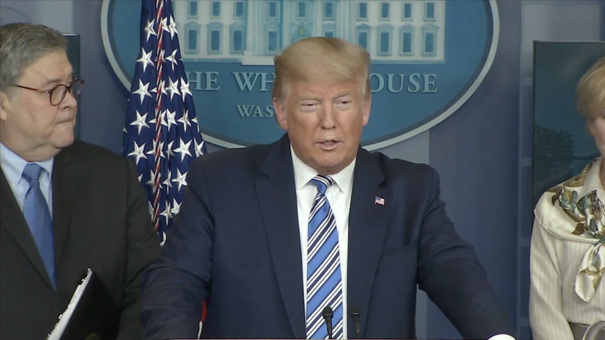 President Donald Trump and members of the Coronavirus Task Force, along with Attorney General William Barr, hold a press conference on March 23 2020. (Photo: People's Pundit Daily)