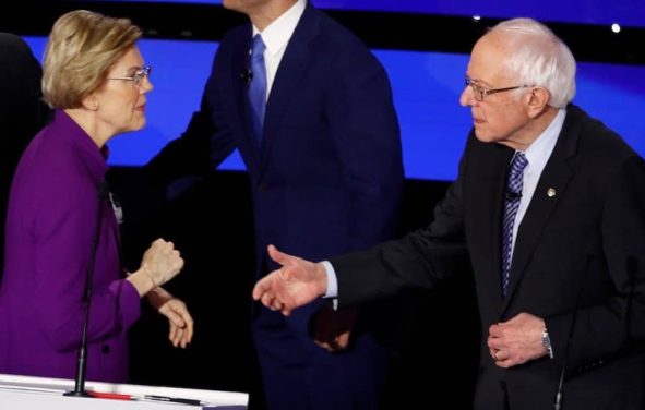 Elizabeth Warren snubs Bernie Sanders after the debate. (Photo: Screenshot)