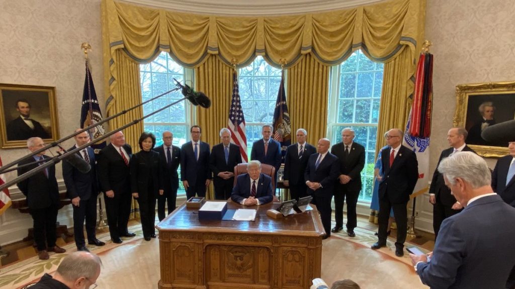 President Donald J. Trump, members of the U.S. Congress, Cabinet and the Coronavirus Task Force gather for the signing ceremony of the CARES Act on March 27, 2020. (Photo: White House/Dan Scavino)