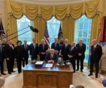 President Donald J. Trump, members of the U.S. Congress, Cabinet and the Coronavirus Task Force gather for the signing ceremony of the CARES Act on March 27, 2020. (Photo: White House/Dan Scavino)