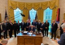 President Donald J. Trump, members of the U.S. Congress, Cabinet and the Coronavirus Task Force gather for the signing ceremony of the CARES Act on March 27, 2020. (Photo: White House/Dan Scavino)