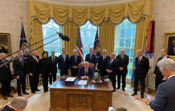 President Donald J. Trump, members of the U.S. Congress, Cabinet and the Coronavirus Task Force gather for the signing ceremony of the CARES Act on March 27, 2020. (Photo: White House/Dan Scavino)