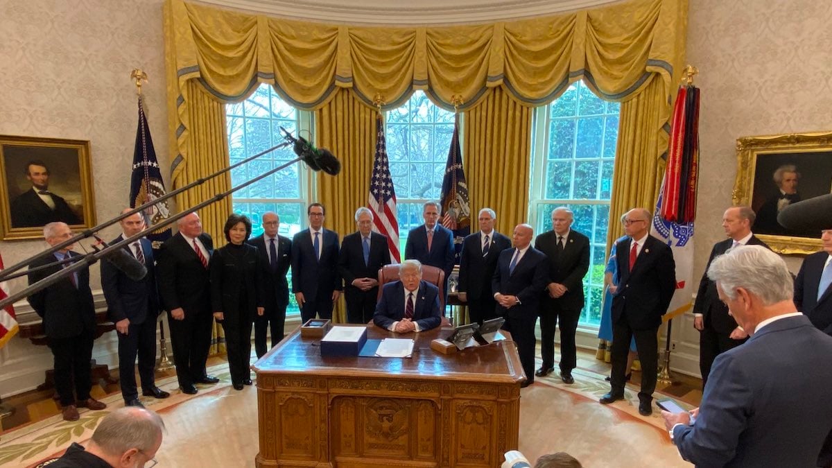 President Donald J. Trump, members of the U.S. Congress, Cabinet and the Coronavirus Task Force gather for the signing ceremony of the CARES Act on March 27, 2020. (Photo: White House/Dan Scavino)