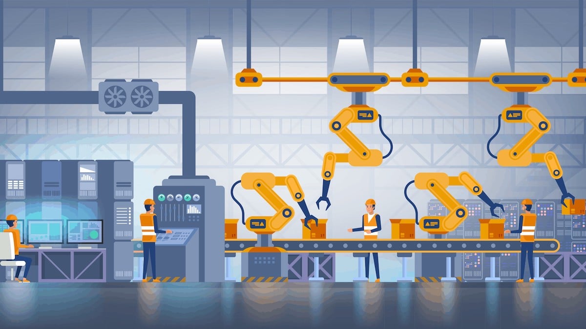 Industry production 4.0 and technology concept, depicting factory production on a conveyor belt with factory operational workers in uniform. (Photo: AdobeStock)