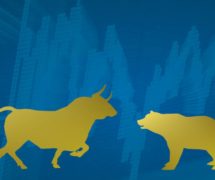 Illustration of the stock market with the bull for a price growth and the bear for a price fall. The background is blue with a typical chart. (Photo: AdobeStock)
