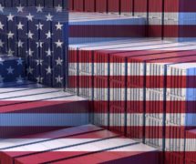 U.S. Economy. Import export business. Stacked cargo containers. Flag of the United States. 3D rendering. (Photo: AdobeStock)