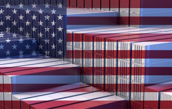 U.S. Economy. Import export business. Stacked cargo containers. Flag of the United States. 3D rendering. (Photo: AdobeStock)