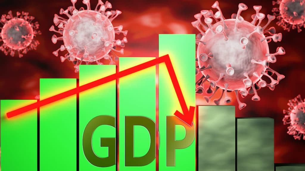 GDP, Coronavirus (Covid-19) virus and economic crisis, symbolized by graph with word GDP going down to picture that coronavirus affects Gdp and leads to downturn and recession, 3d illustration. (Photo: AdobeStock)