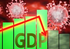 GDP, Coronavirus (Covid-19) virus and economic crisis, symbolized by graph with word GDP going down to picture that coronavirus affects Gdp and leads to downturn and recession, 3d illustration. (Photo: AdobeStock)