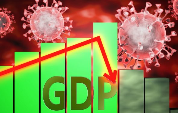 GDP, Coronavirus (Covid-19) virus and economic crisis, symbolized by graph with word GDP going down to picture that coronavirus affects Gdp and leads to downturn and recession, 3d illustration. (Photo: AdobeStock)