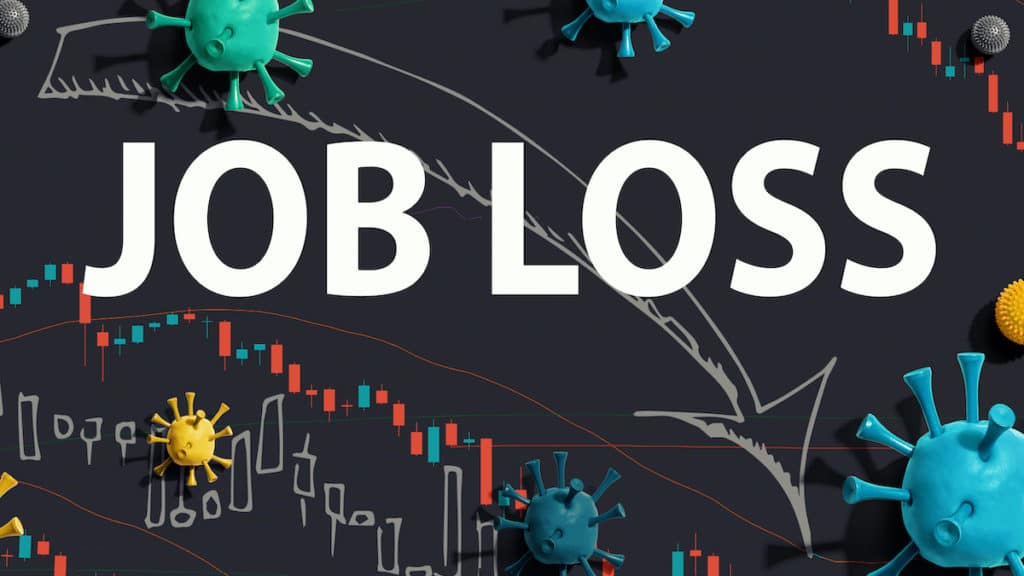 Job Loss theme with viruses and downward stock price charts. (Photo: AdobeStock)