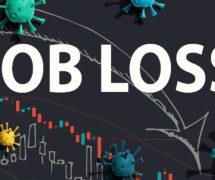 Job Loss theme with viruses and downward stock price charts. (Photo: AdobeStock)