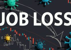 Job Loss theme with viruses and downward stock price charts. (Photo: AdobeStock)