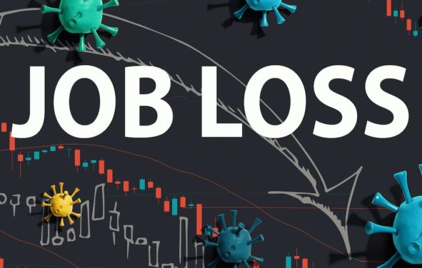 Job Loss theme with viruses and downward stock price charts. (Photo: AdobeStock)