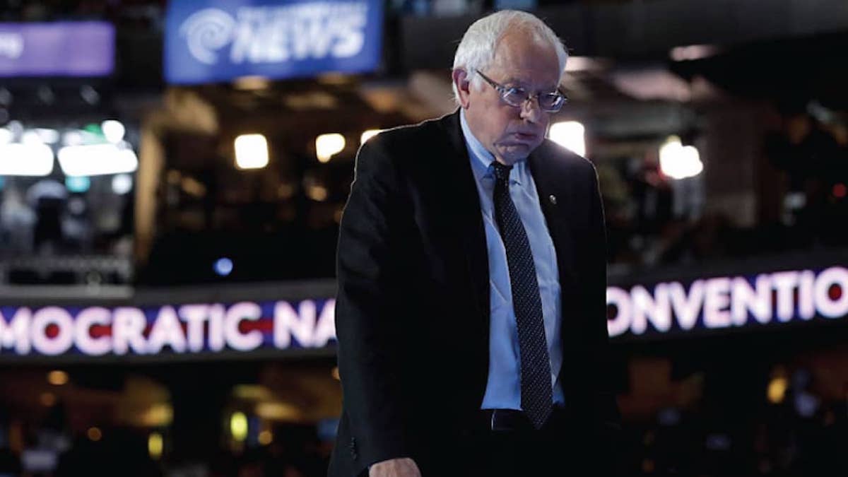 Bernie Sanders stands at the podium on stage during a walk through before the start of the Democratic National Convention (DNC) in Philadelphia, Pennsylvania on July 25, 2016. (Photo: SS)
