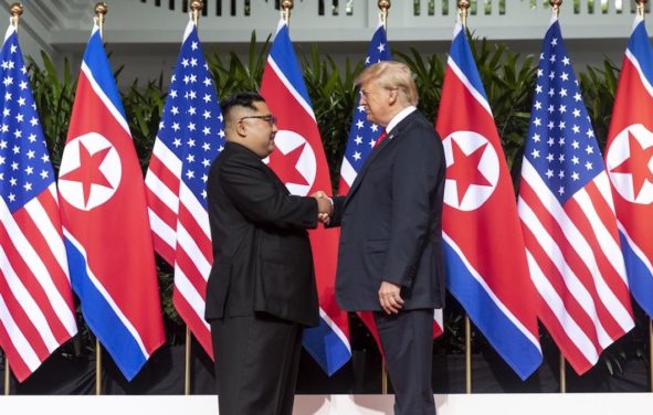 U.S. President Donald J. Trump shaking hands with North Korean Chairman Kim Jong Un during the US-DPRK nuclear summit in Singapore on June 12, 2018. (Photo: White House)