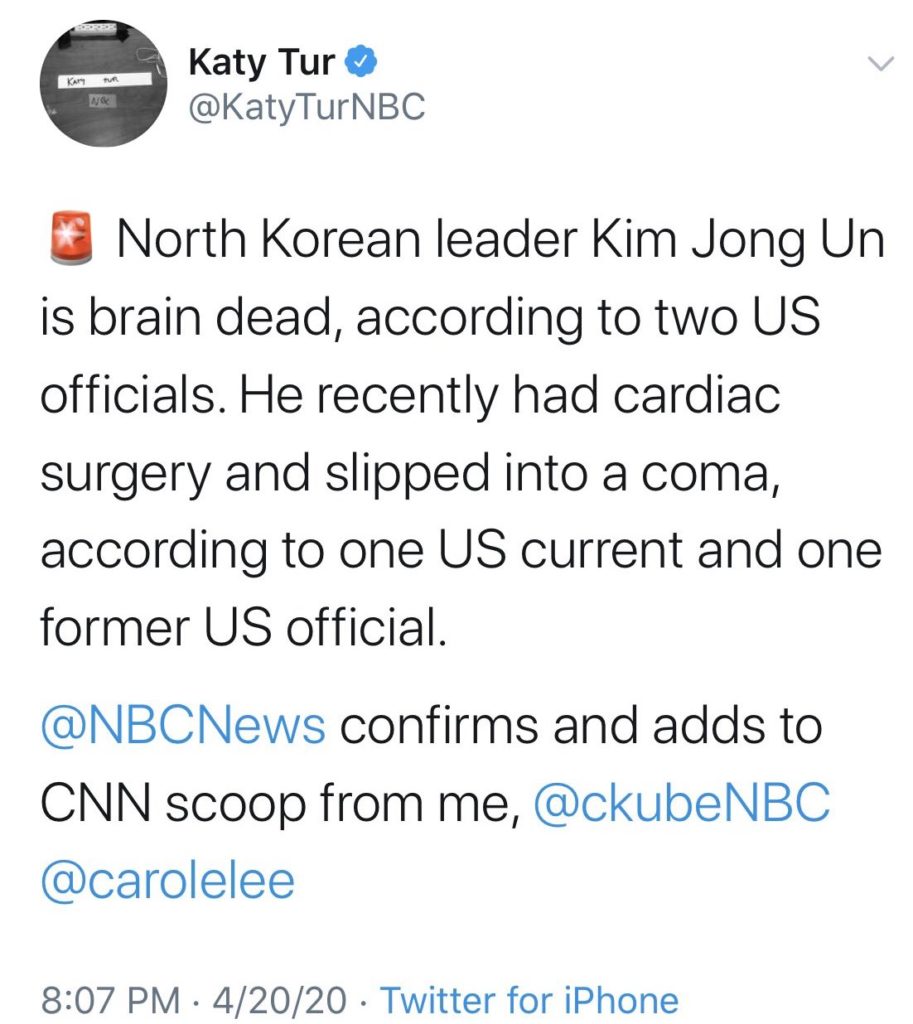 Now-deleted tweet from NBC News' Katy Tur, claiming Kim Jong Un was "brain dead".