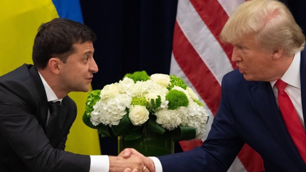 Ukraine's President Volodymyr Zelenskiy and U.S. President Donald Trump face reporters during a bilateral meeting on the sidelines of the 74th session of the United Nations General Assembly (UNGA) in New York City, New York, U.S., September 25, 2019. (Screenshot)