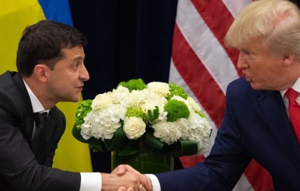 Ukraine's President Volodymyr Zelenskiy and U.S. President Donald Trump face reporters during a bilateral meeting on the sidelines of the 74th session of the United Nations General Assembly (UNGA) in New York City, New York, U.S., September 25, 2019. (Screenshot)
