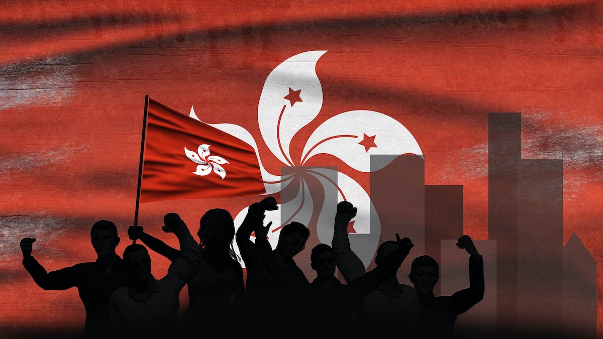 Hong Kong Flag in the background with protesting crowd to illustrate demonstrations and political relations in Hong Kong. (Photo: AdobeStock)