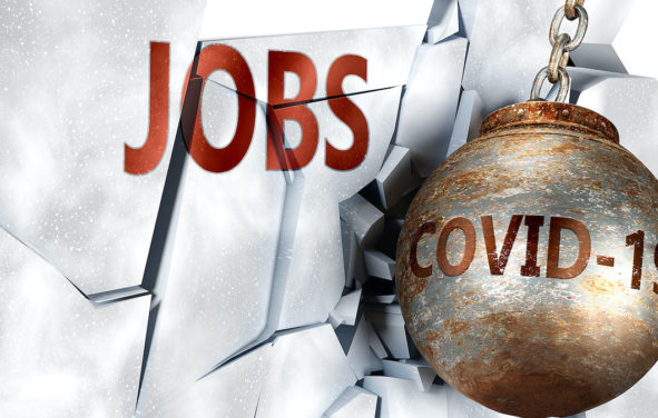 Coronavirus (COVID-19) and jobs, symbolized by the coronavirus virus destroying word jobs to picture that the virus affects employment and jobs. (Photo: AdobeStock)