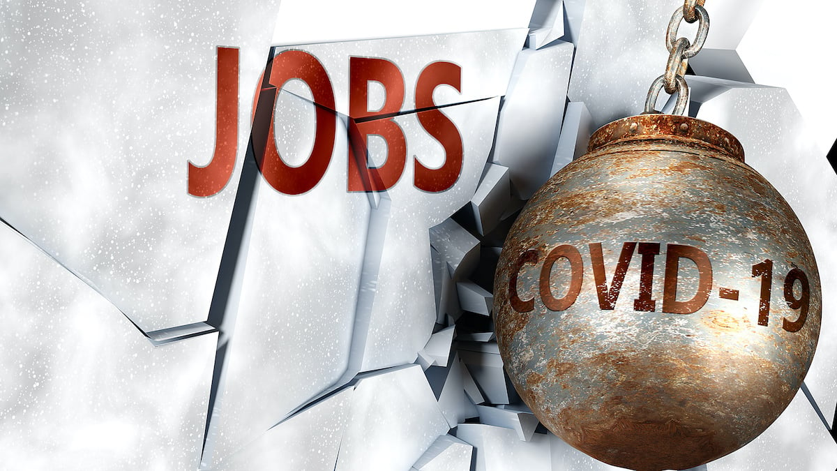 Coronavirus (COVID-19) and jobs, symbolized by the coronavirus virus destroying word jobs to picture that the virus affects employment and jobs. (Photo: AdobeStock)