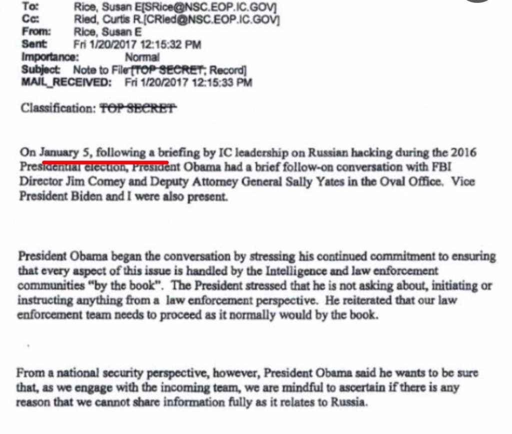 Susan Rice email dated January 20, 2017, memorializing a White House meeting with Barack Obama, Joe Biden, James Comey and Sally Yates on January 5, 2017.