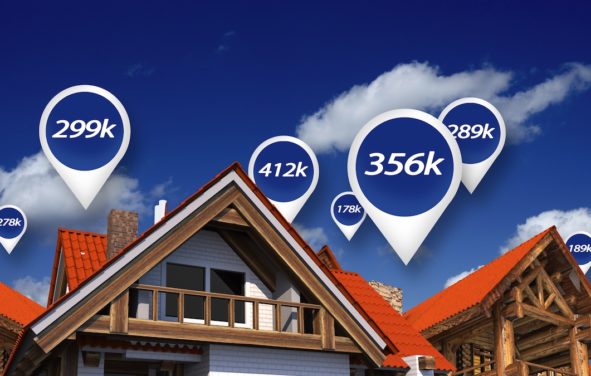Real estate market with price tags above home properties to illustrate house prices in 3D abstract. (Photo: AdobeStock)