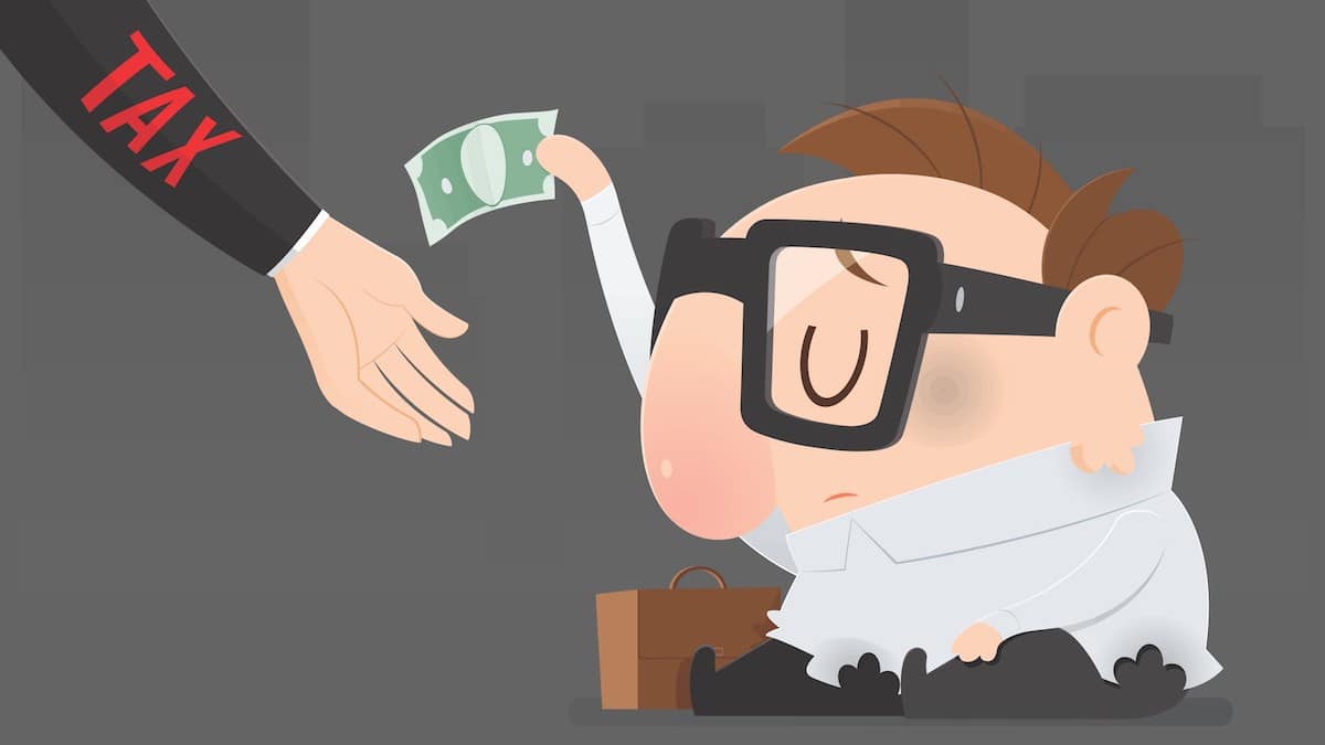 Cartoon workingman reluctantly paying taxes. (Photo: AdobeStock/PPD/Adiano)