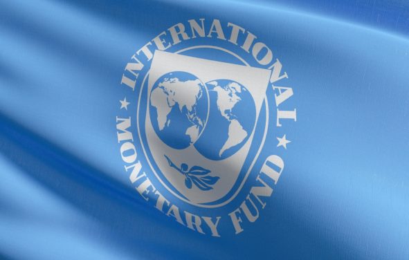 Flag of International Monetary Fund or IMF, an international organization that aims to promote international trade and monetary cooperation and the stabilization of exchange rates. 3D illustration. (Photo AdobeStock)