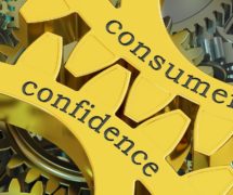 Consumer confidence 3D gear graphic reporting the Conference Board Consumer Confidence Index.