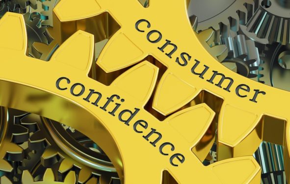 Consumer confidence 3D gear graphic reporting the Conference Board Consumer Confidence Index.