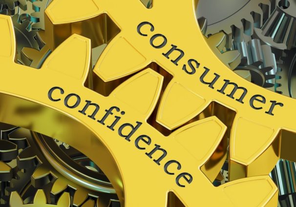 Consumer confidence 3D gear graphic reporting the Conference Board Consumer Confidence Index.