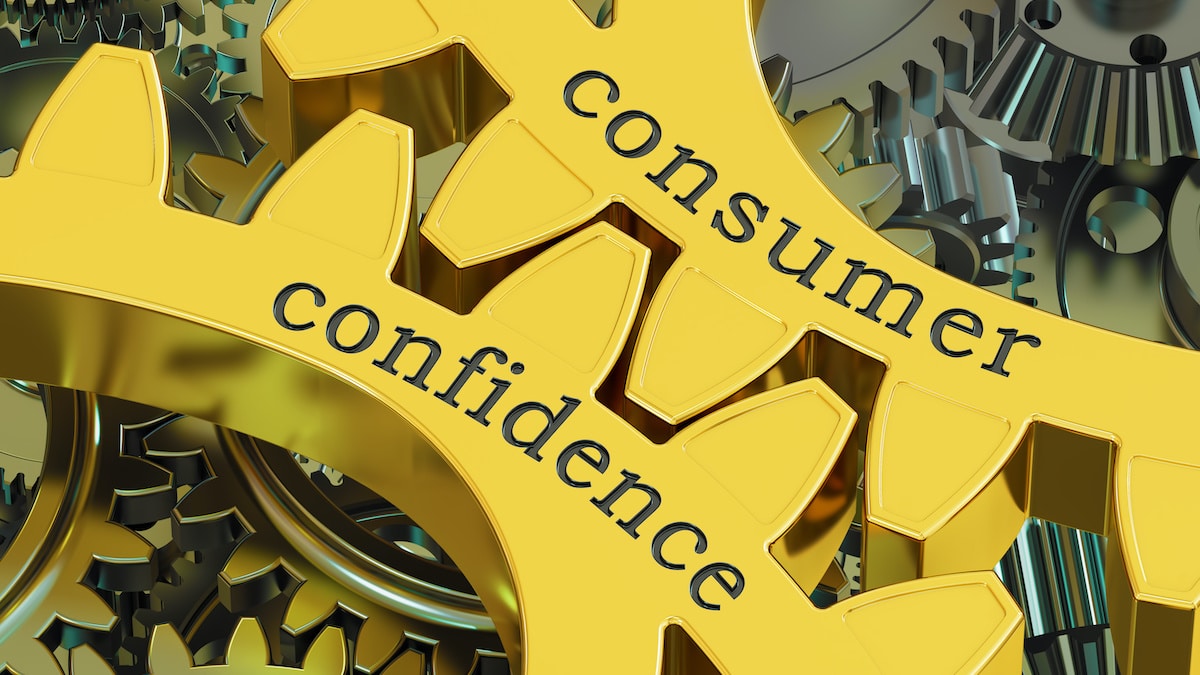 Consumer confidence 3D gear graphic reporting the Conference Board Consumer Confidence Index.